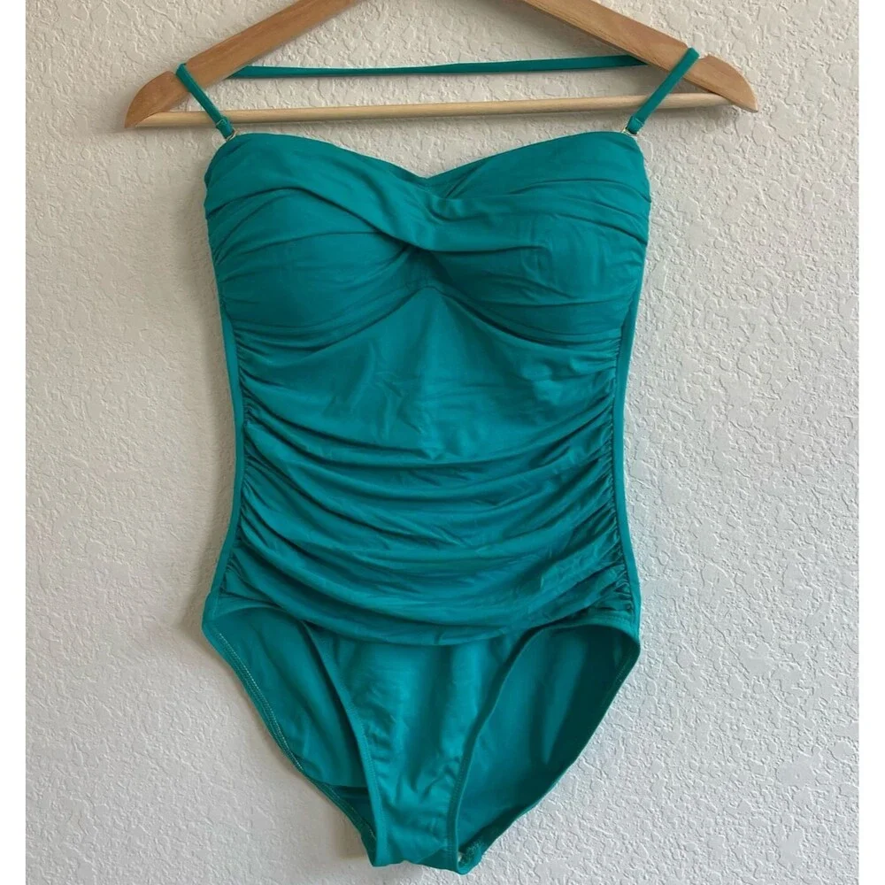 La Blanca Swimsuit 8 Blue Ruched Padded Removable Strap Summer‎ Vacation 1 piece